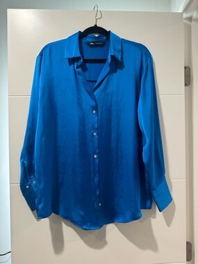 Zara Blue Satin Button-Up Top